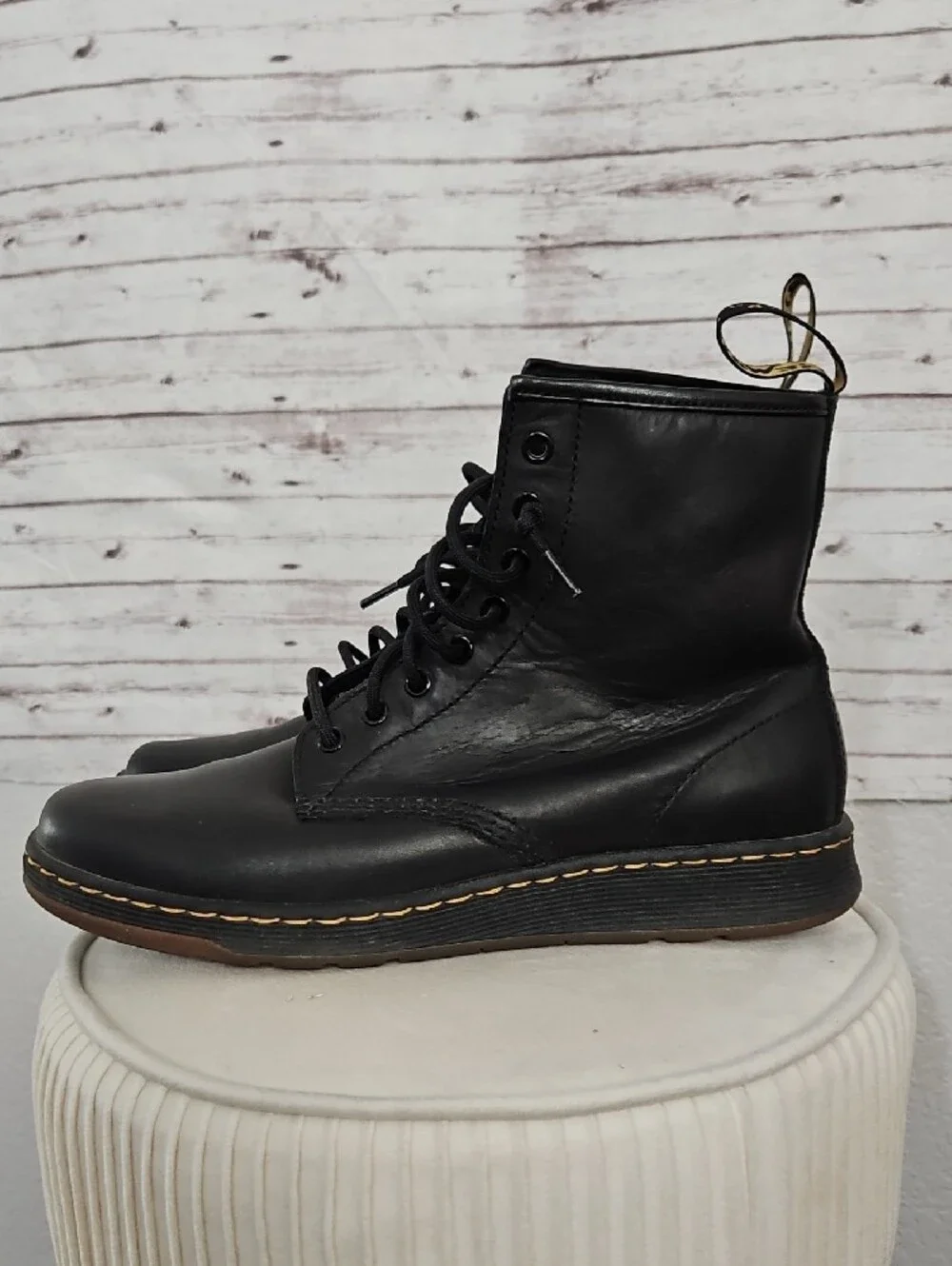 Dr. Martens Black Leather Lace-Up Ankle Boots with Contrast Stitching